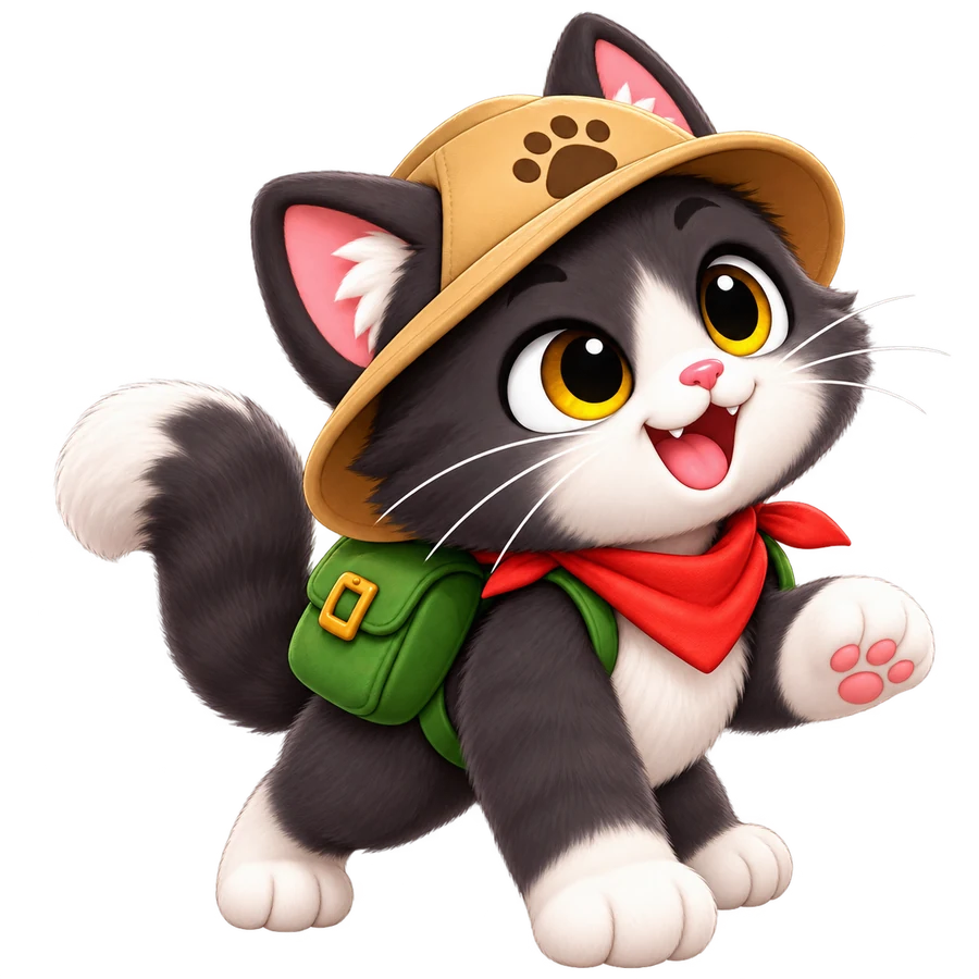 Adventurous dark kitten wearing an explorer hat, red neckerchief and green backpack