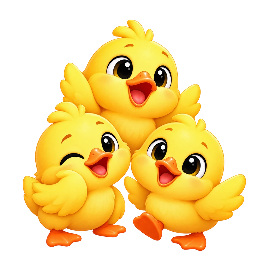 Three cheerful yellow ducklings