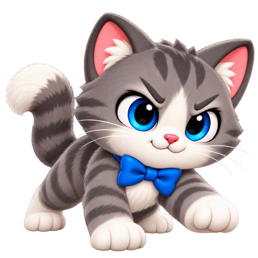 Focused gray tabby kitten with blue eyes and a blue bow tie