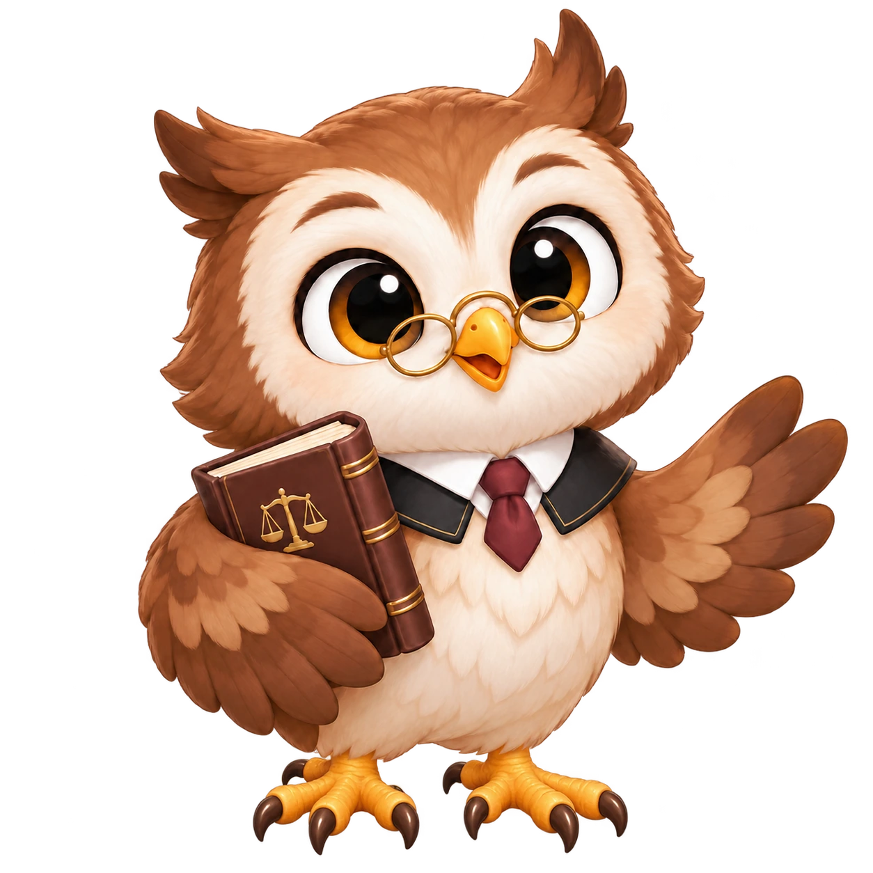 A friendly serious law owl wearing round glasses and holding a law book