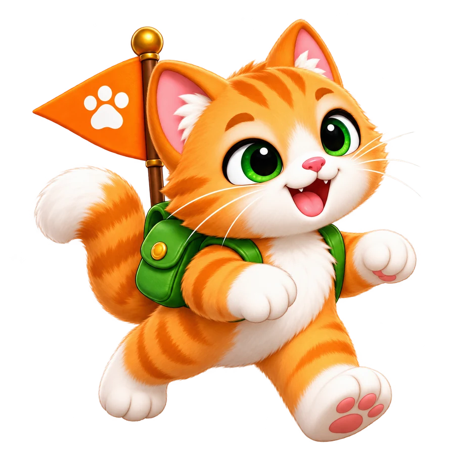 Orange tabby kitten leader carrying a small green backpack and orange flag