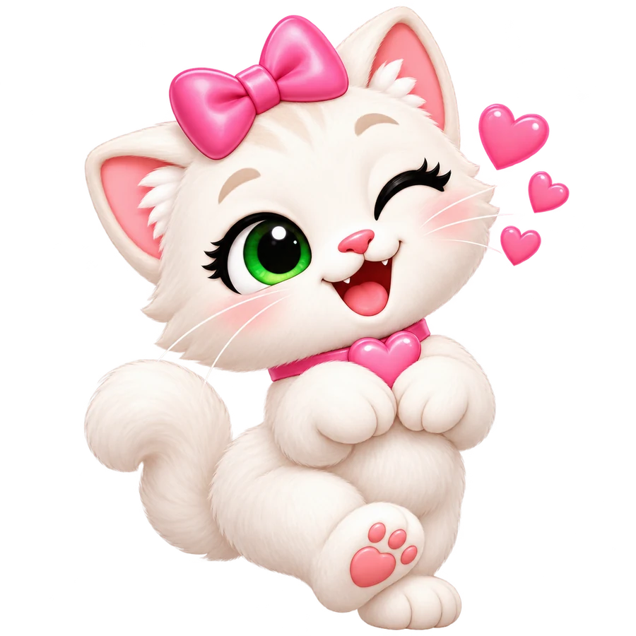 Affectionate white kitten with a pink bow and heart collar