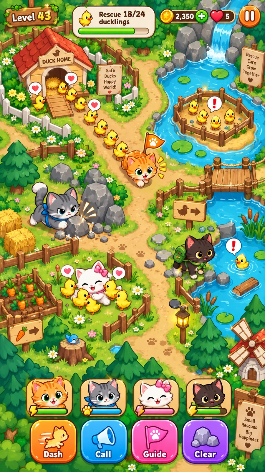 Kitten & Ducks gameplay concept showing kittens rescuing ducklings in a colorful countryside world