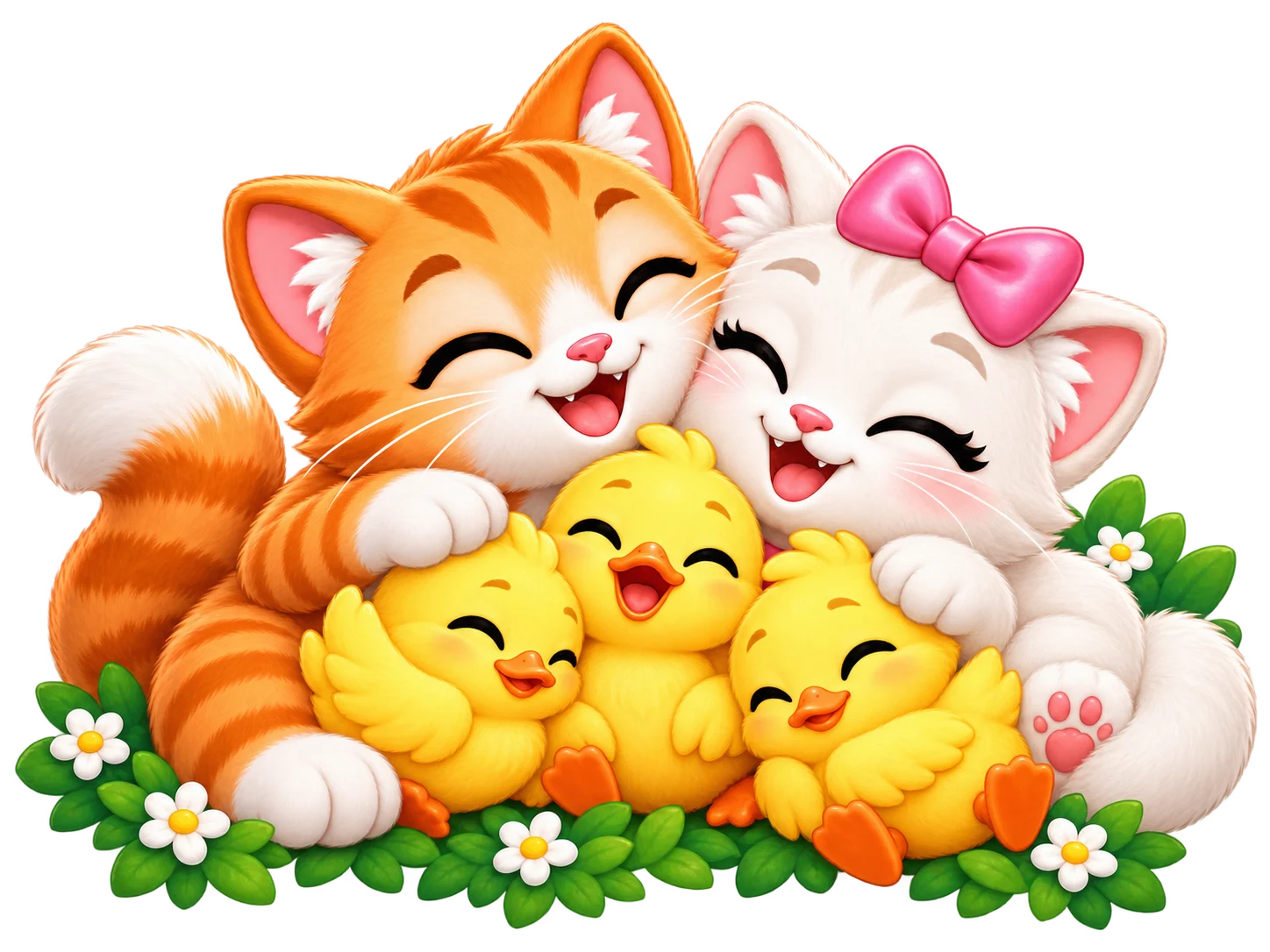 Orange and white kittens cuddling happily with three ducklings