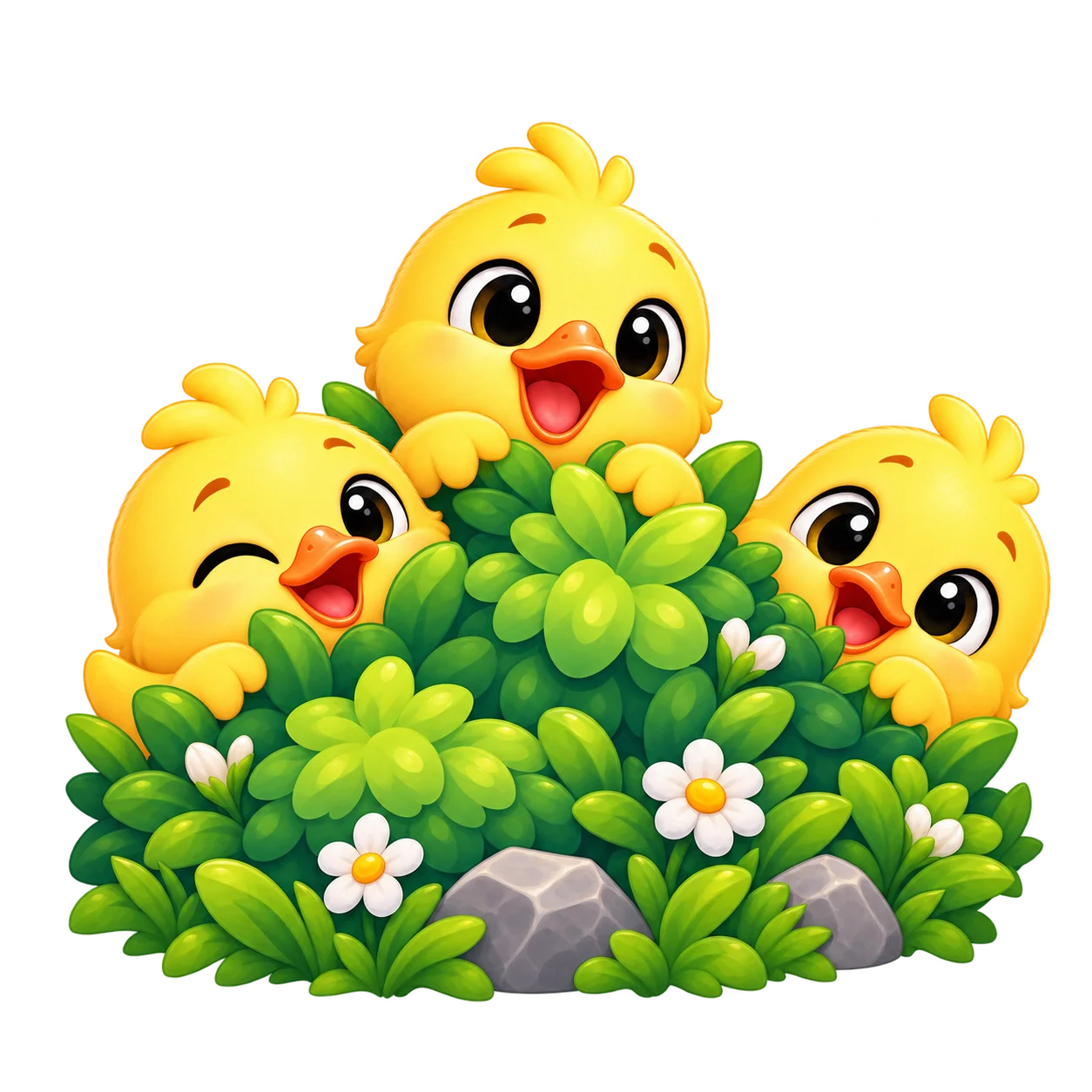 Three mischievous ducklings peeking from behind a leafy bush